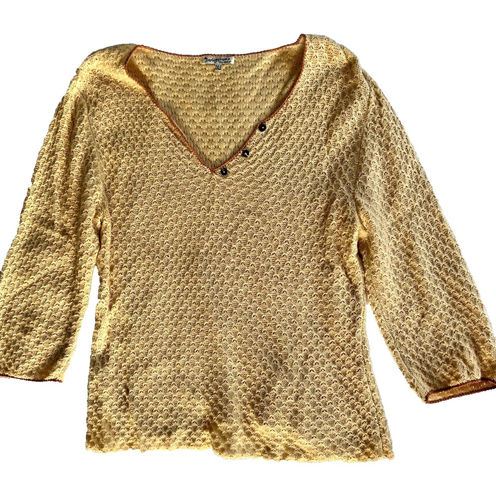 IndiGenius Sweater Womens XL Textured Knit Pullover Boho Button Detail V Neck